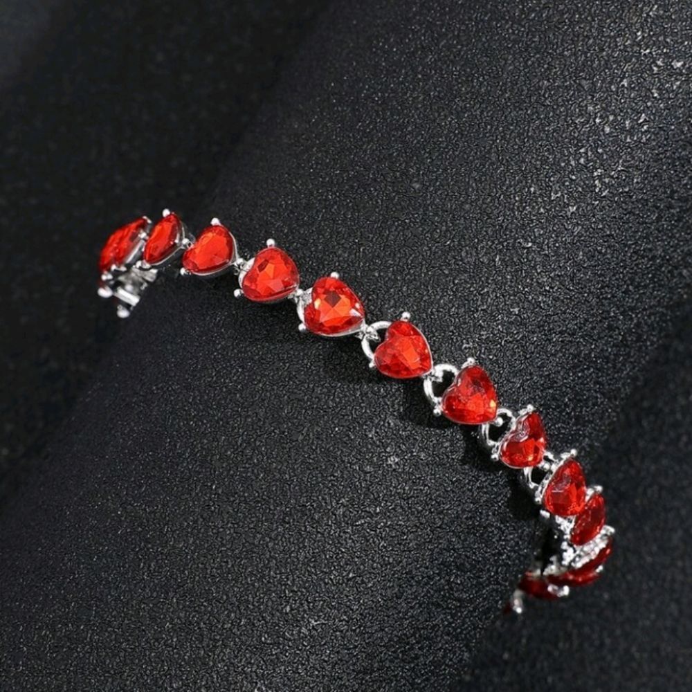 STERLING Silver Bracelet with Red Heart Shaped Rhinestones